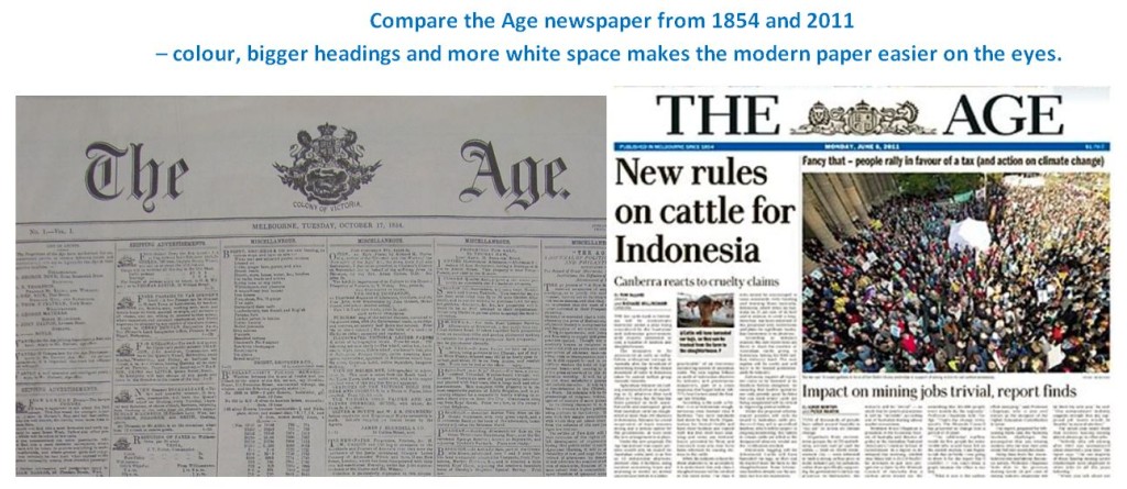 Comparing The Age newspaper in 1854 and 2011 - more white space and colour makes it easier on the eyes