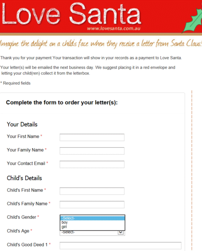 Excerpt of an online order from on Love Santa's website