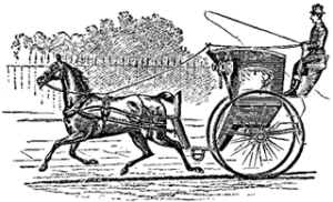 A picture of hansom cab being pulled by a moving horse