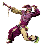 A jester dressed in purple and yellow and pulling a funny face, and making funny gestures