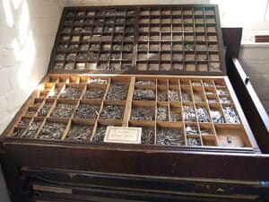Upper case and lower case types for a typical eighteenth century printing press.